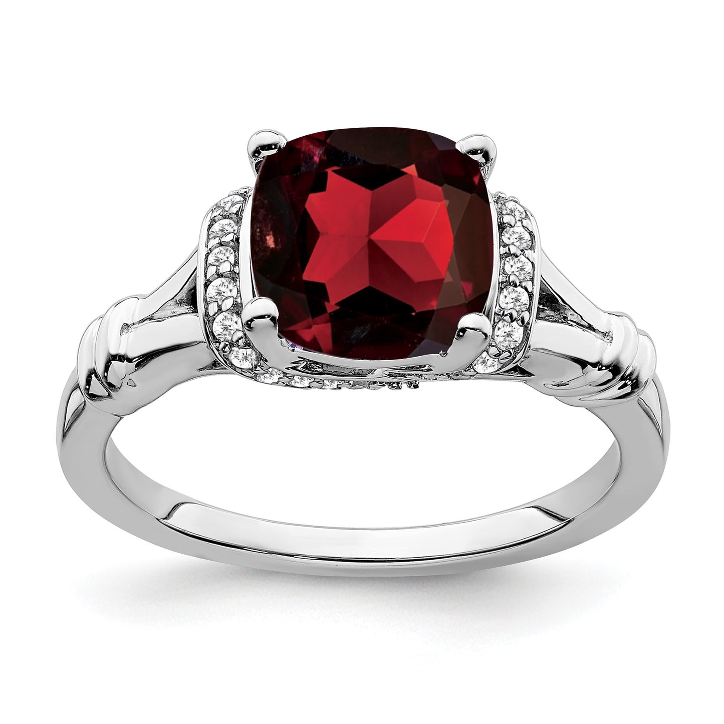 14k White Gold 8mm Cushion Garnet and 1/8 carat Diamond Ring