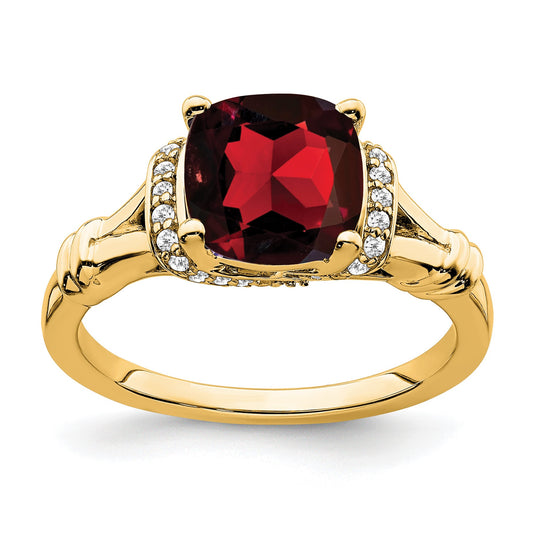 14k 8mm Cushion Garnet and 1/8 carat Diamond Ring