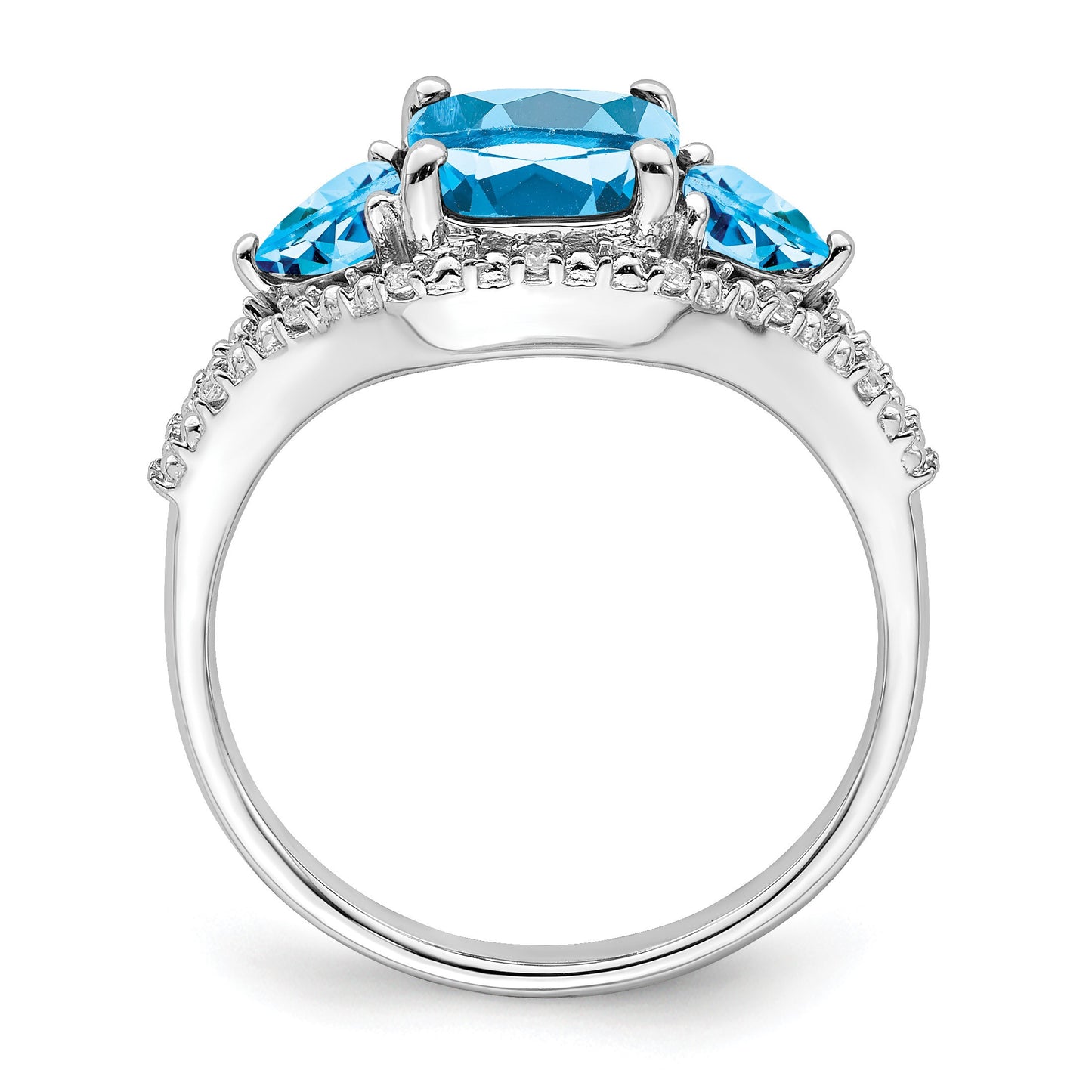 14k White Gold 7mm Cushion Blue Topaz and 1/15 carat Diamond 3-Stone Ring