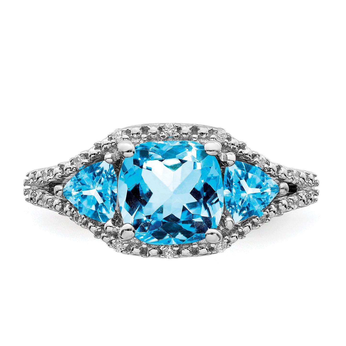 14k White Gold 7mm Cushion Blue Topaz and 1/15 carat Diamond 3-Stone Ring