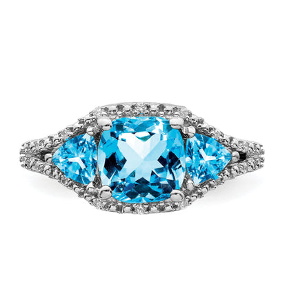 14k White Gold 7mm Cushion Blue Topaz and 1/15 carat Diamond 3-Stone Ring