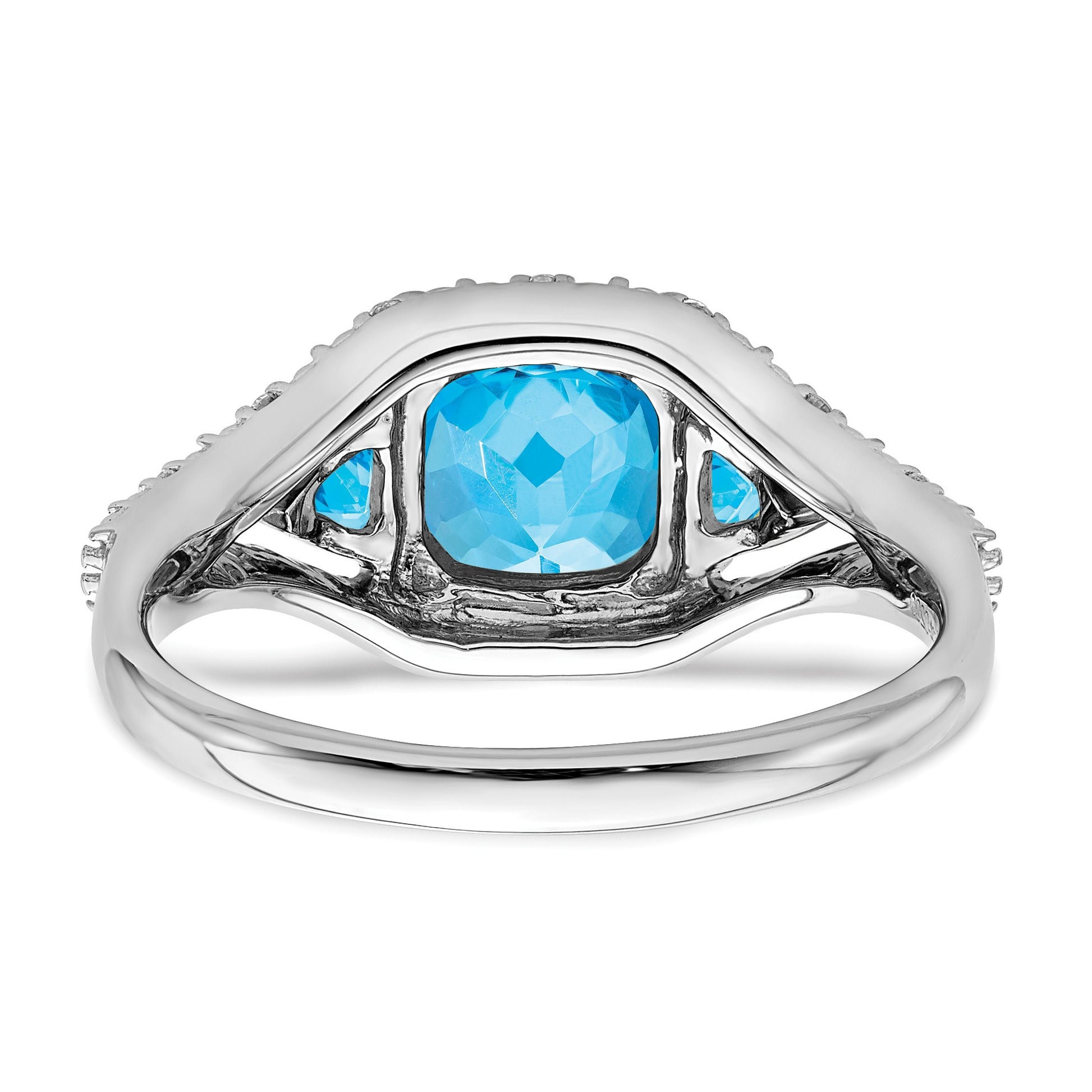 14k White Gold 7mm Cushion Blue Topaz and 1/15 carat Diamond 3-Stone Ring