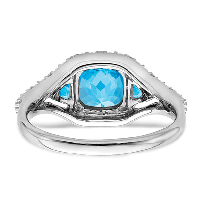 14k White Gold 7mm Cushion Blue Topaz and 1/15 carat Diamond 3-Stone Ring