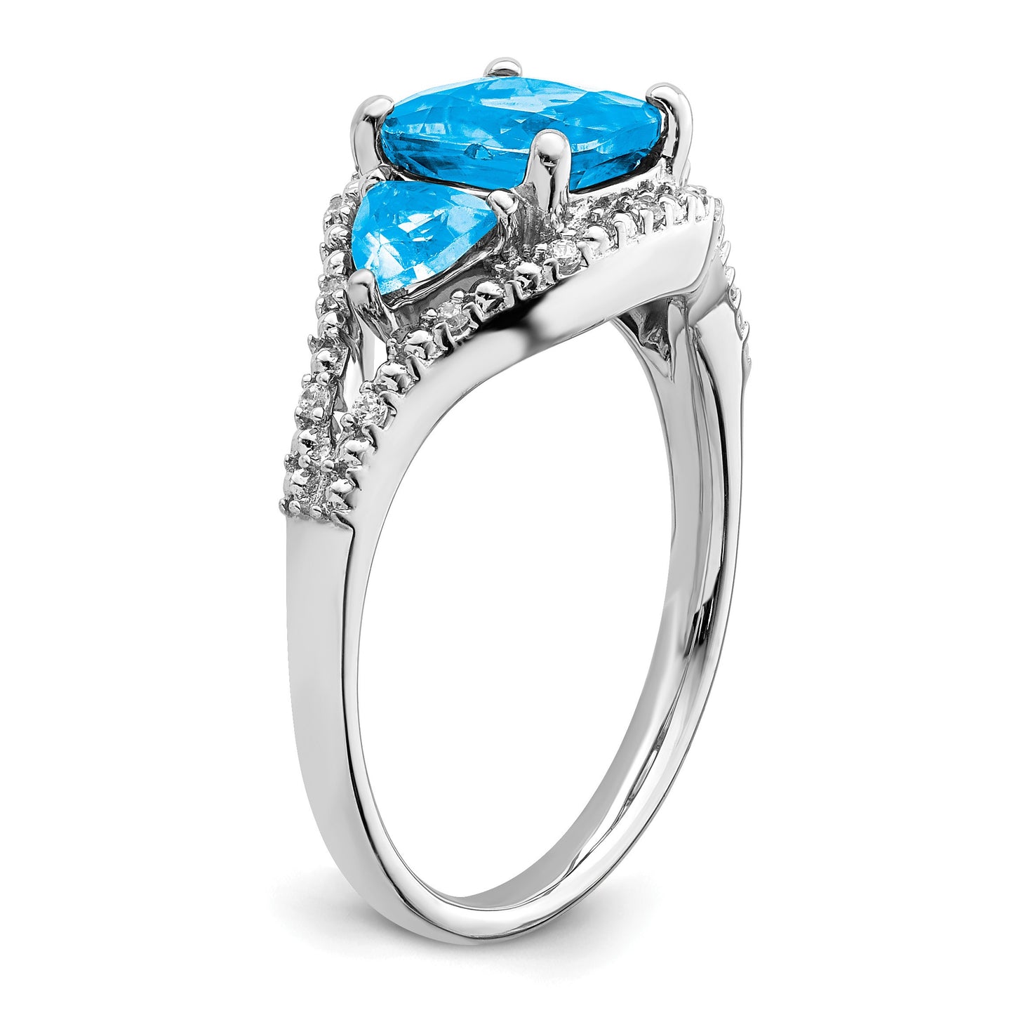 14k White Gold 7mm Cushion Blue Topaz and 1/15 carat Diamond 3-Stone Ring