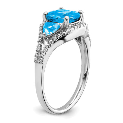 14k White Gold 7mm Cushion Blue Topaz and 1/15 carat Diamond 3-Stone Ring
