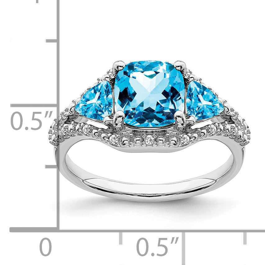 14k White Gold 7mm Cushion Blue Topaz and 1/15 carat Diamond 3-Stone Ring