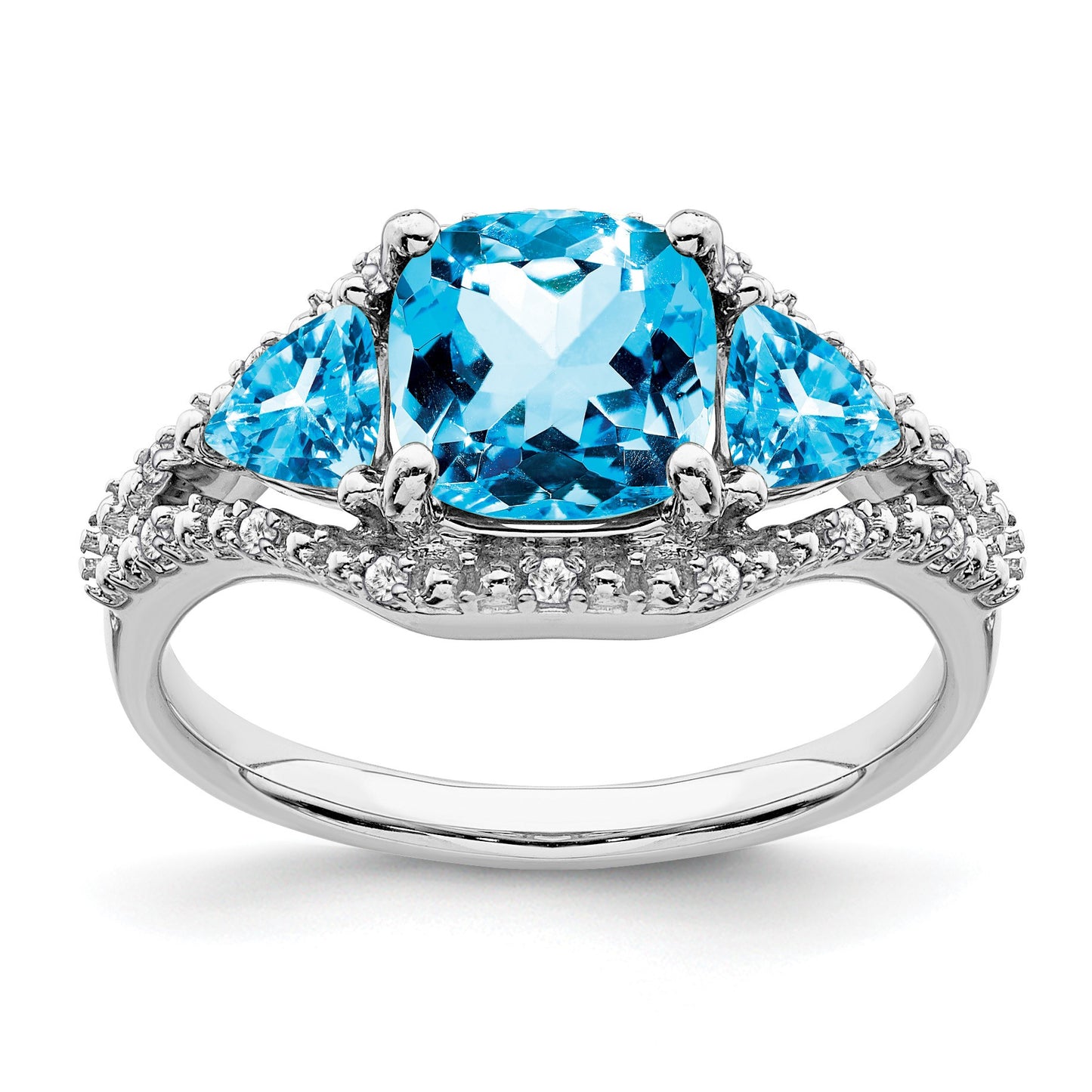 14k White Gold 7mm Cushion Blue Topaz and 1/15 carat Diamond 3-Stone Ring