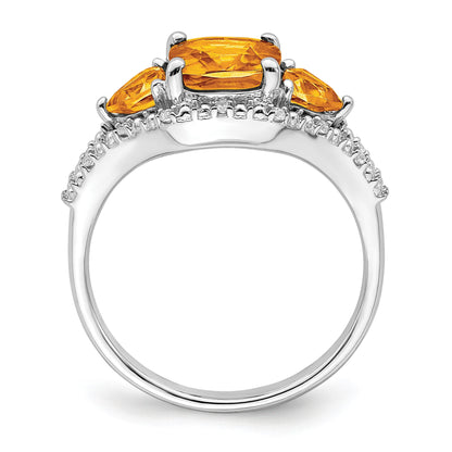 14k White Gold 7mm Cushion Citrine and 1/15 carat Diamond 3-Stone Ring