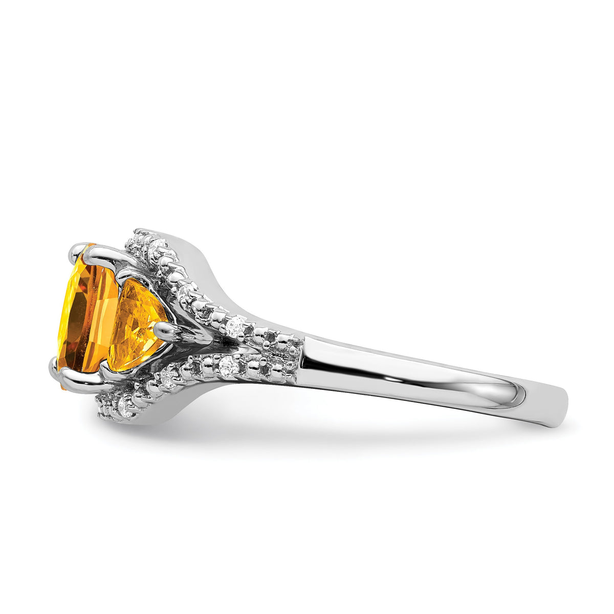 14k White Gold 7mm Cushion Citrine and 1/15 carat Diamond 3-Stone Ring