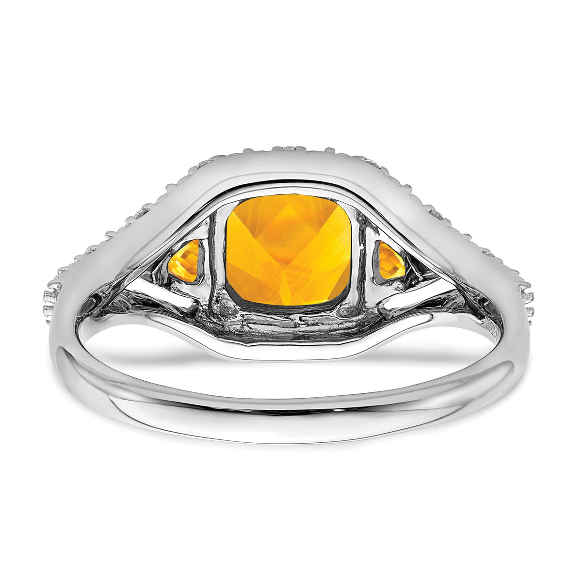 14k White Gold 7mm Cushion Citrine and 1/15 carat Diamond 3-Stone Ring