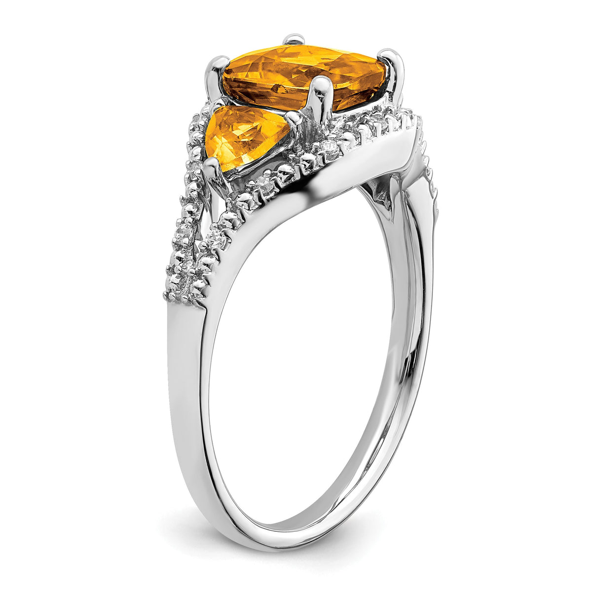 14k White Gold 7mm Cushion Citrine and 1/15 carat Diamond 3-Stone Ring