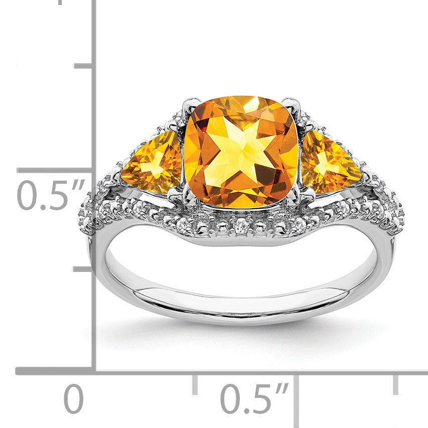 14k White Gold 7mm Cushion Citrine and 1/15 carat Diamond 3-Stone Ring