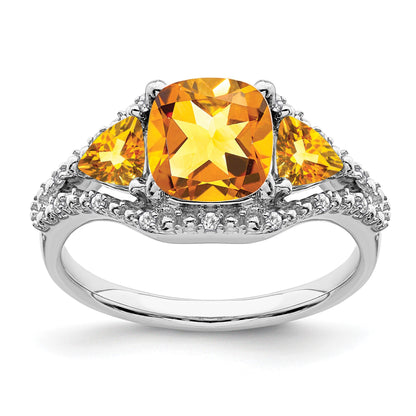 14k White Gold 7mm Cushion Citrine and 1/15 carat Diamond 3-Stone Ring