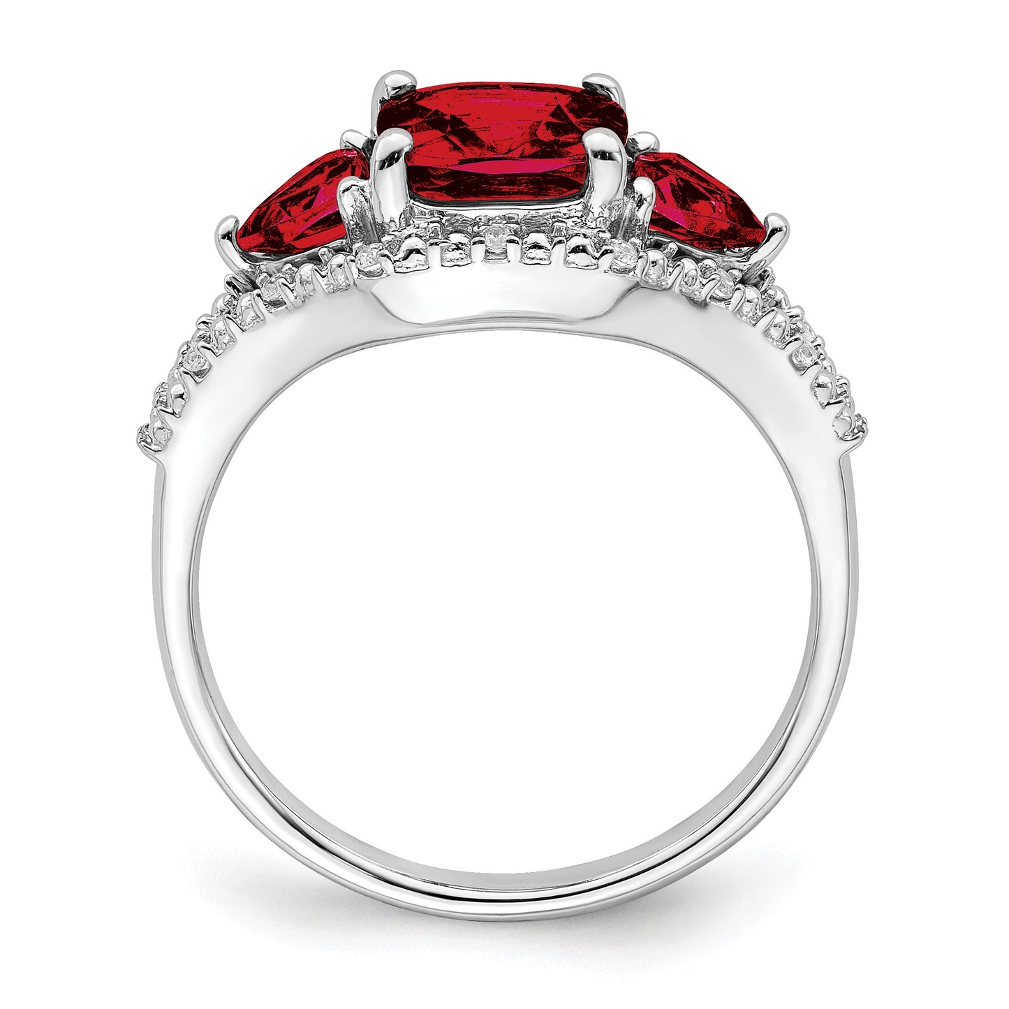 14k White Gold 7mm Cushion Garnet and 1/15 carat Diamond 3-Stone Ring