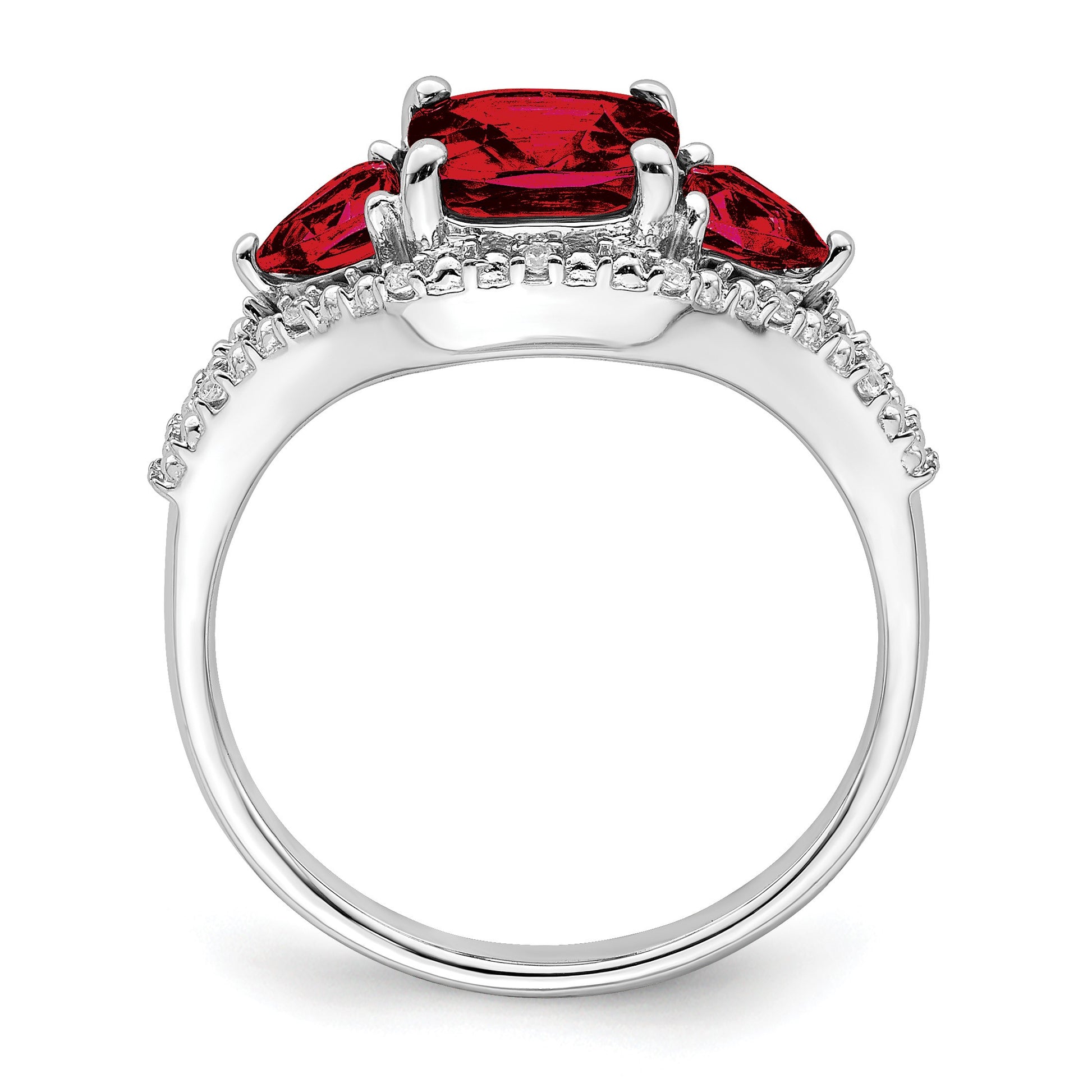 14k White Gold 7mm Cushion Garnet and 1/15 carat Diamond 3-Stone Ring