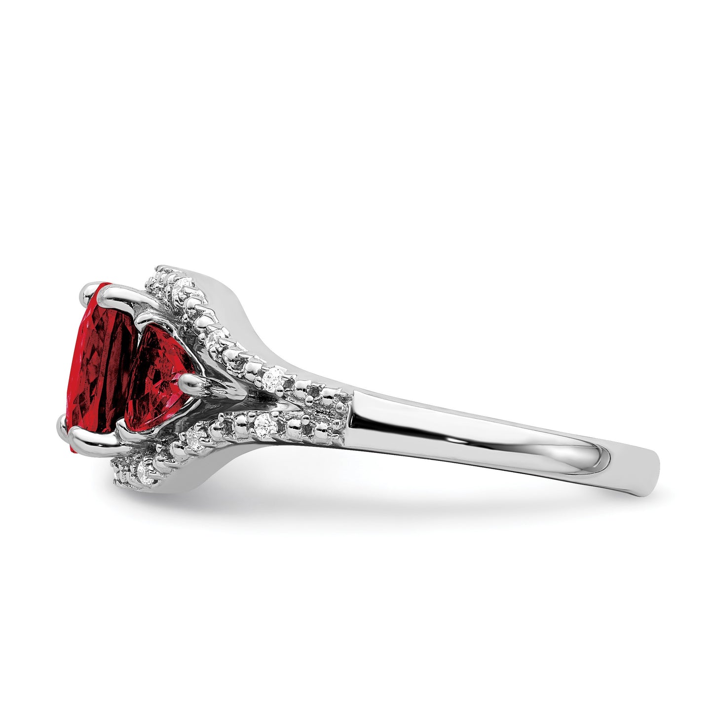 14k White Gold 7mm Cushion Garnet and 1/15 carat Diamond 3-Stone Ring