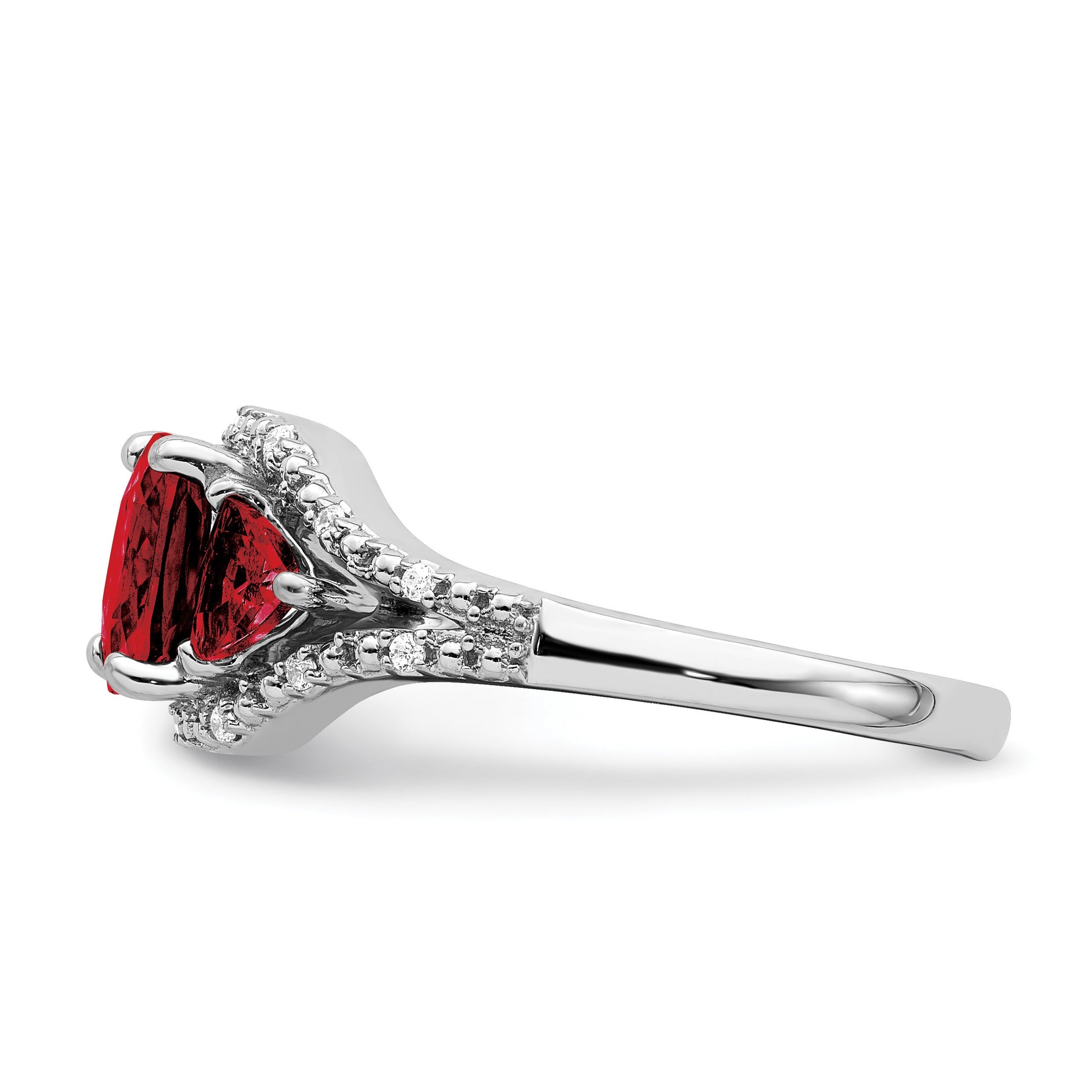 14k White Gold 7mm Cushion Garnet and 1/15 carat Diamond 3-Stone Ring