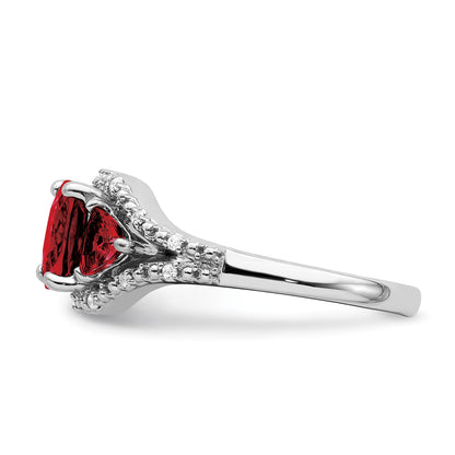 14k White Gold 7mm Cushion Garnet and 1/15 carat Diamond 3-Stone Ring