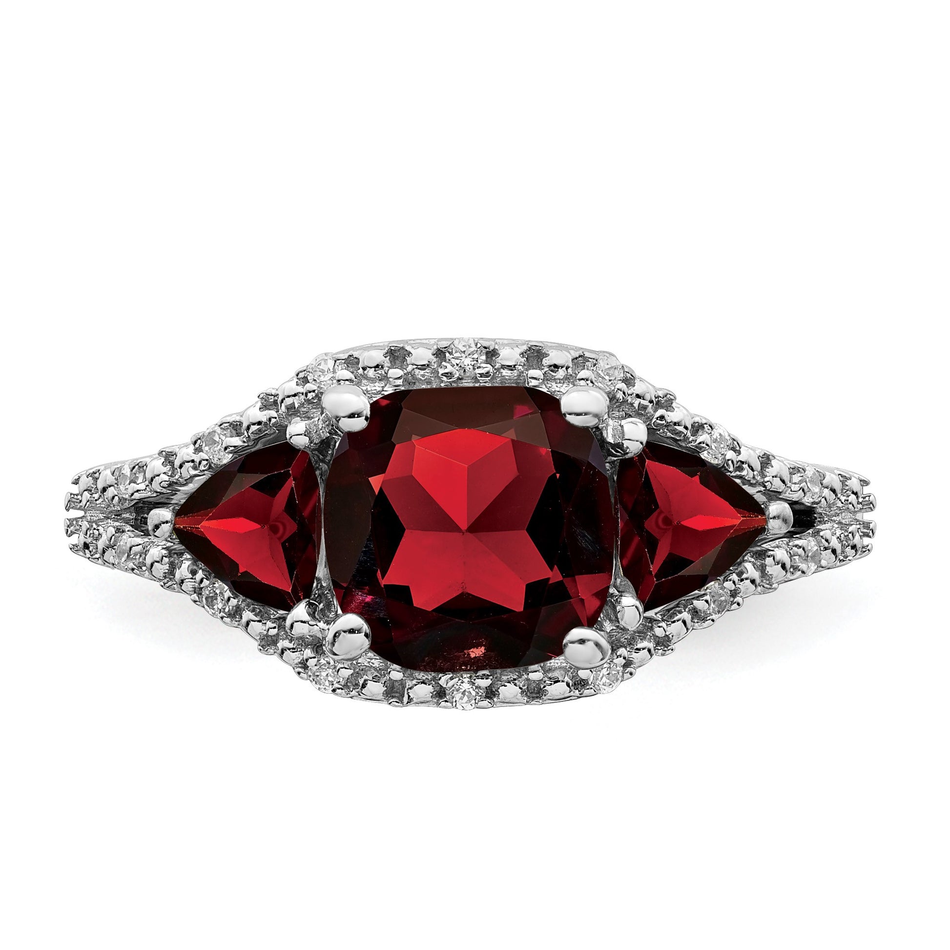 14k White Gold 7mm Cushion Garnet and 1/15 carat Diamond 3-Stone Ring