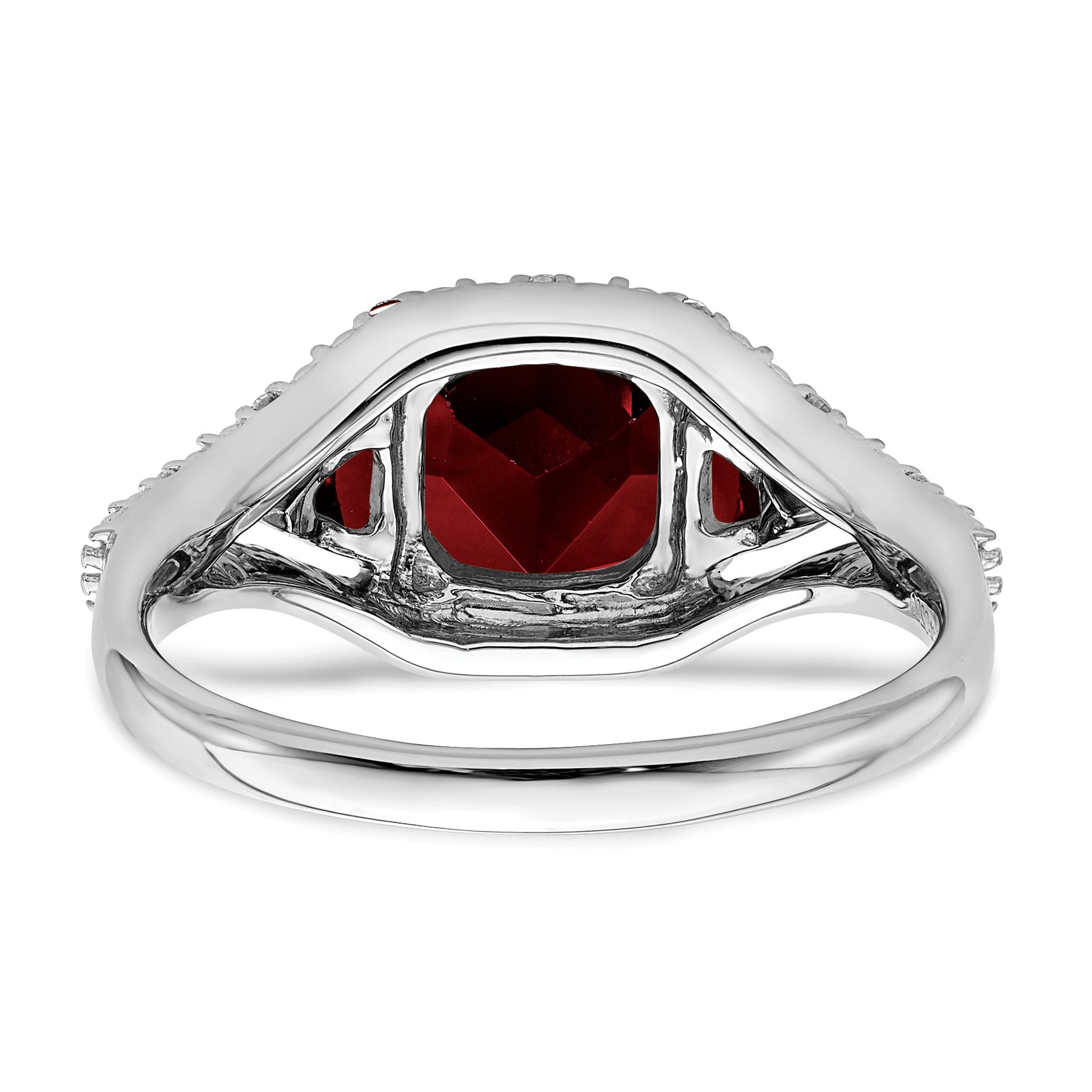 14k White Gold 7mm Cushion Garnet and 1/15 carat Diamond 3-Stone Ring