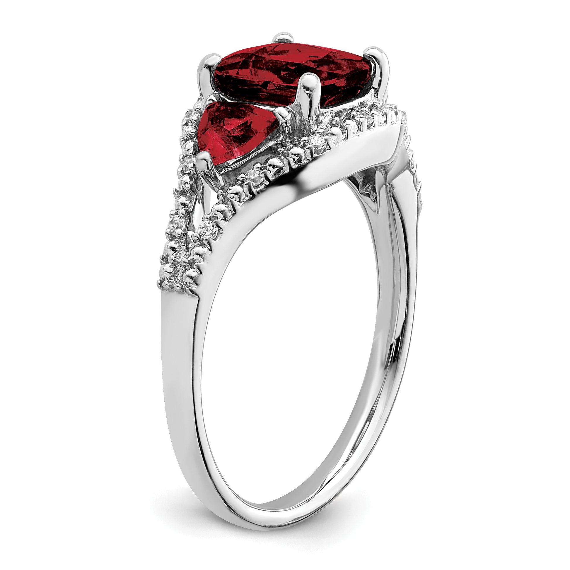 14k White Gold 7mm Cushion Garnet and 1/15 carat Diamond 3-Stone Ring