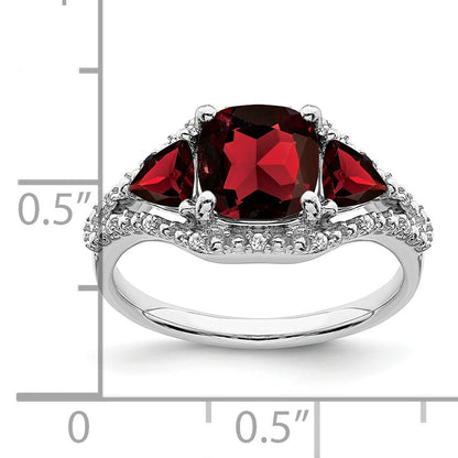 14k White Gold 7mm Cushion Garnet and 1/15 carat Diamond 3-Stone Ring