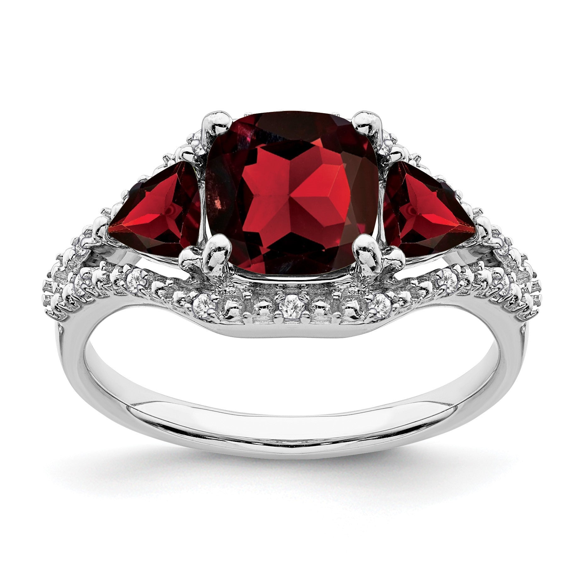 14k White Gold 7mm Cushion Garnet and 1/15 carat Diamond 3-Stone Ring