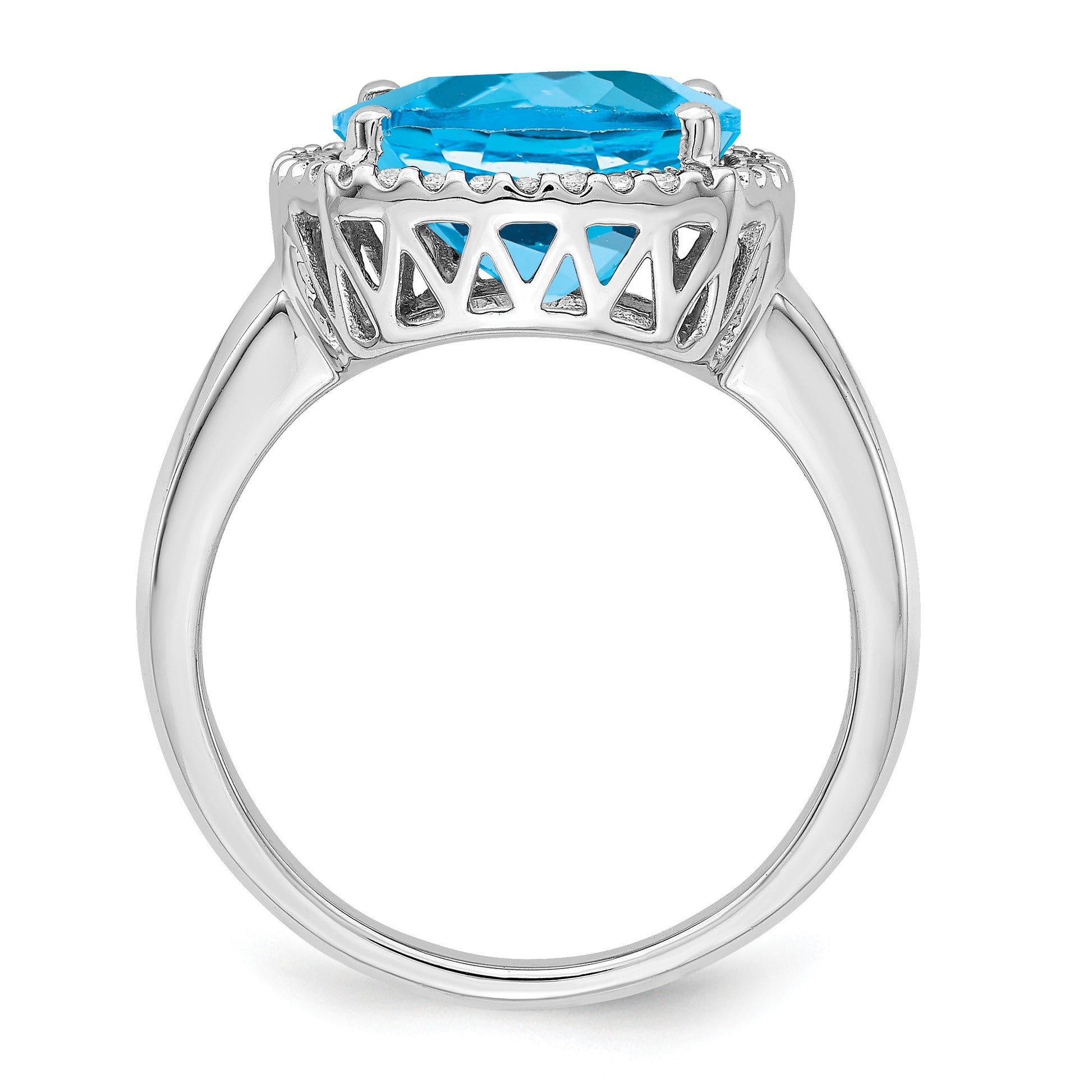 14k White Gold 11mm Cushion Blue Topaz and 1/8 carat Diamond Ring