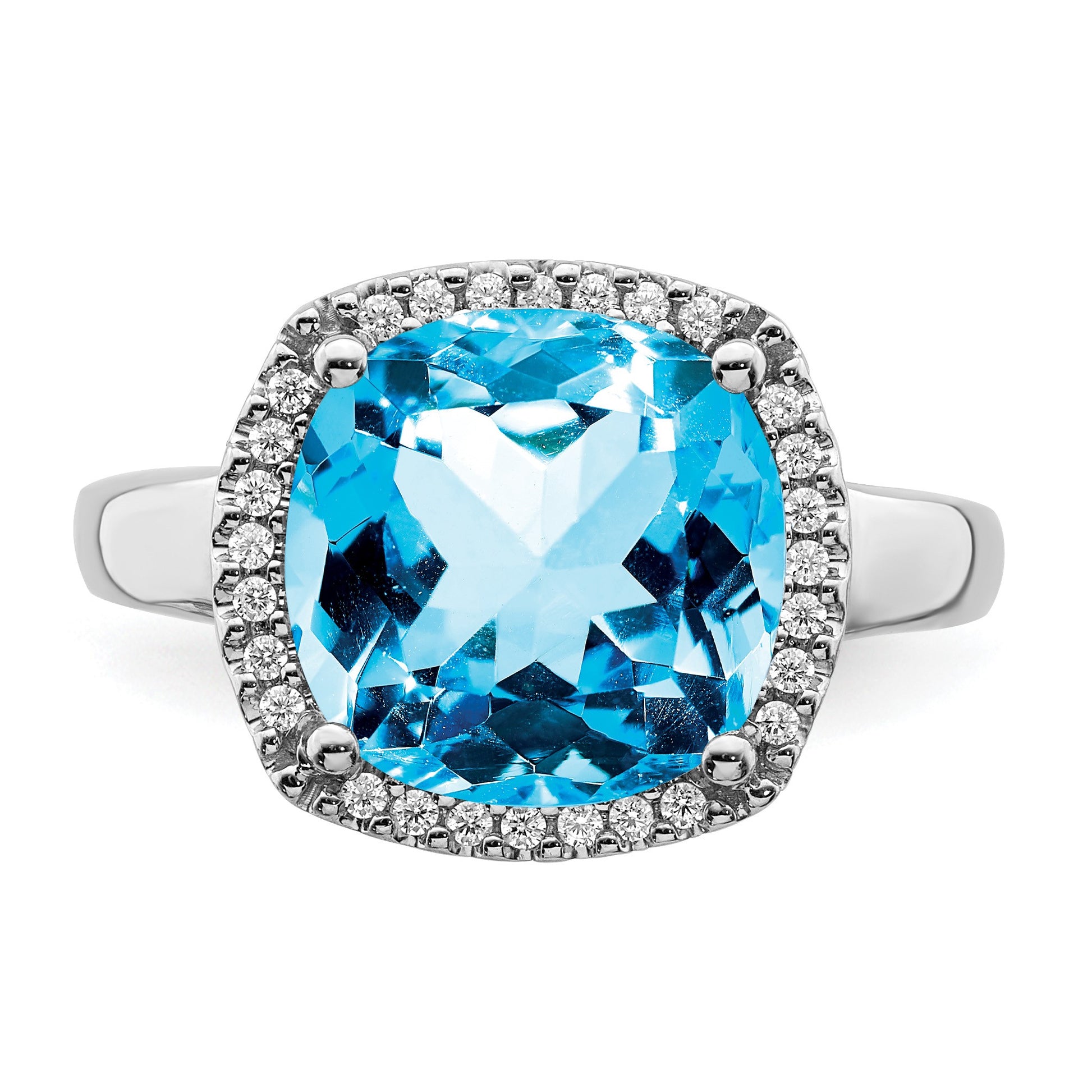 14k White Gold 11mm Cushion Blue Topaz and 1/8 carat Diamond Ring