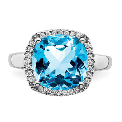 14k White Gold 11mm Cushion Blue Topaz and 1/8 carat Diamond Ring
