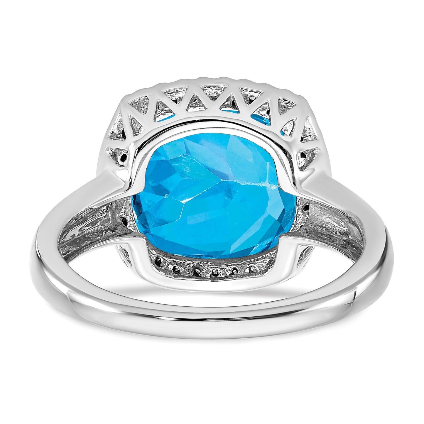 14k White Gold 11mm Cushion Blue Topaz and 1/8 carat Diamond Ring