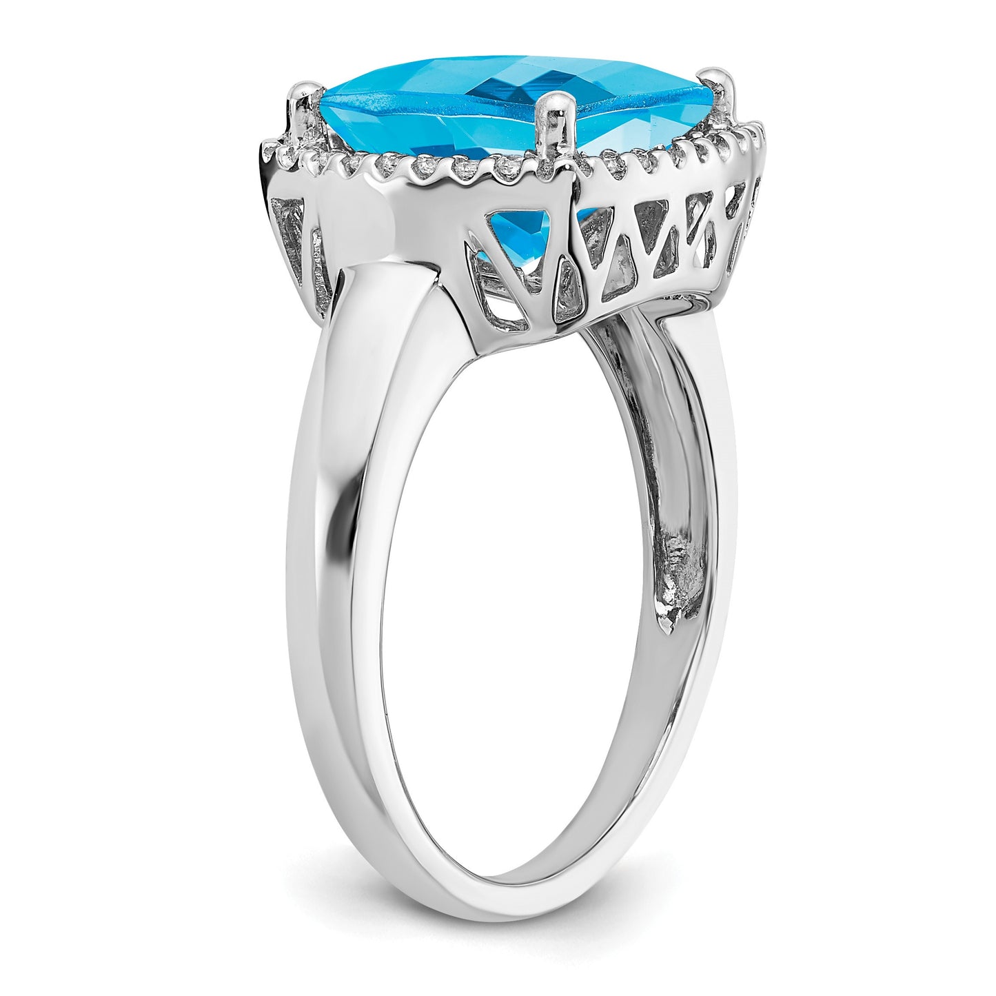 14k White Gold 11mm Cushion Blue Topaz and 1/8 carat Diamond Ring