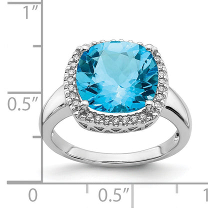 14k White Gold 11mm Cushion Blue Topaz and 1/8 carat Diamond Ring