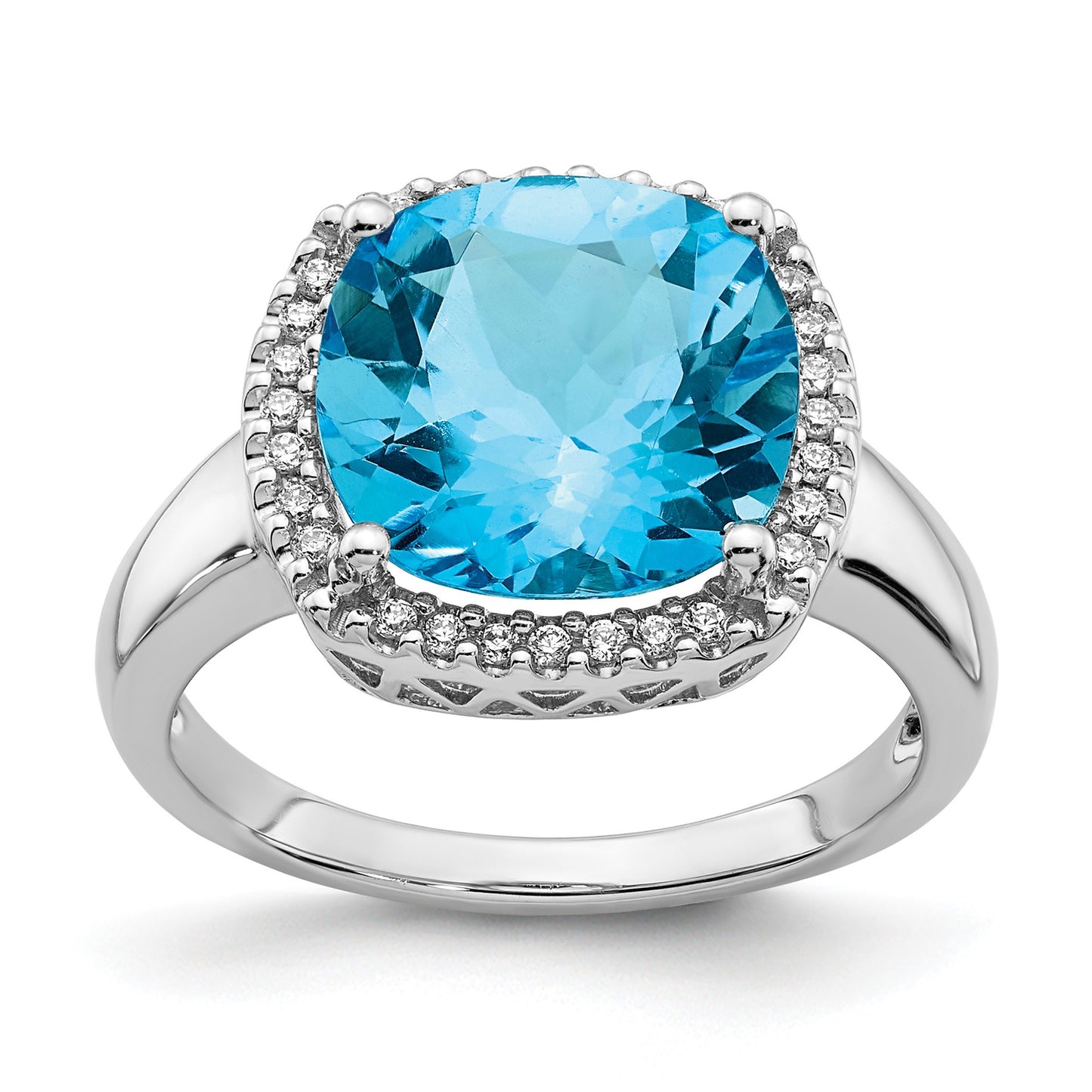 14k White Gold 11mm Cushion Blue Topaz and 1/8 carat Diamond Ring