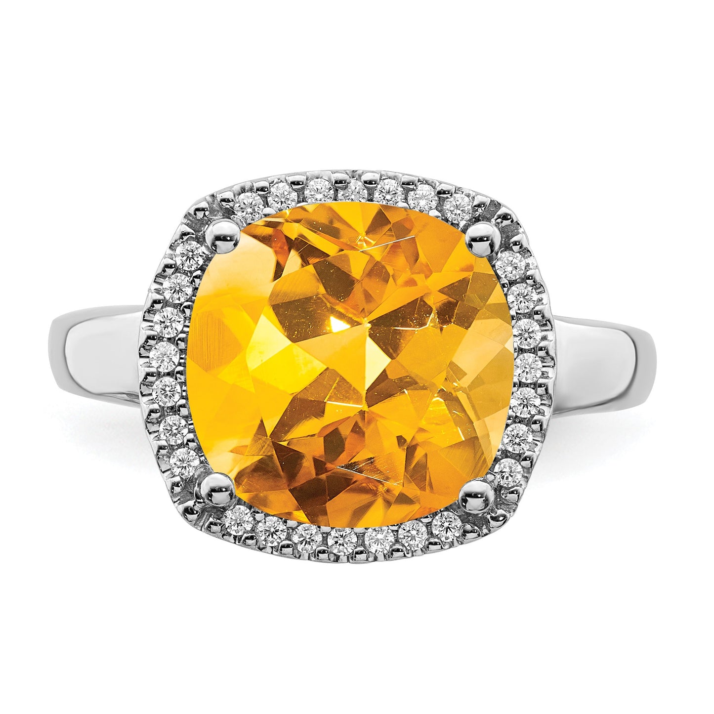 14k White Gold 11mm Citrine and 1/8 carat Diamond Ring