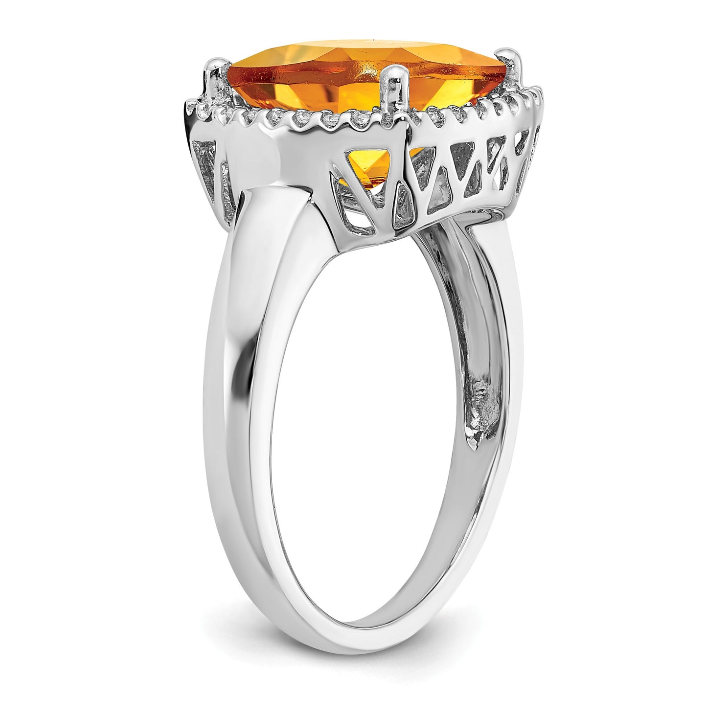 14k White Gold 11mm Citrine and 1/8 carat Diamond Ring