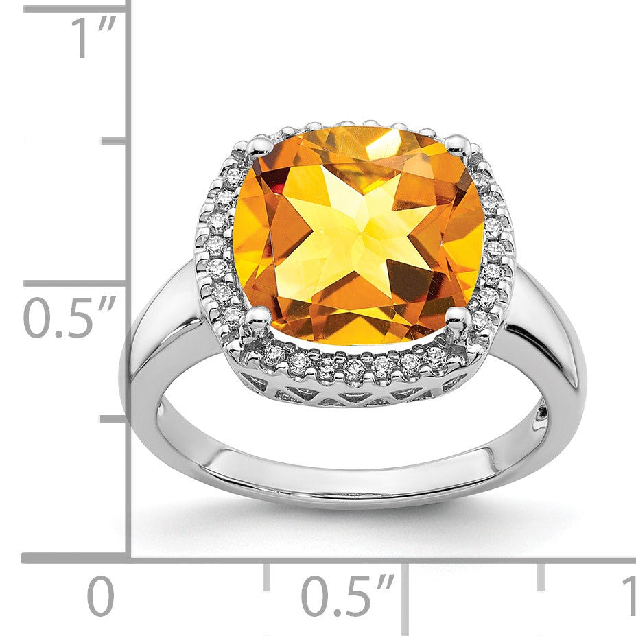 14k White Gold 11mm Citrine and 1/8 carat Diamond Ring