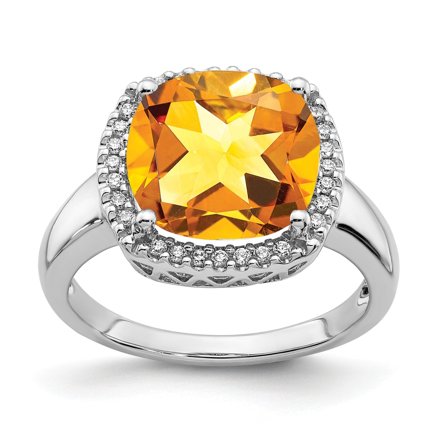 14k White Gold 11mm Citrine and 1/8 carat Diamond Ring