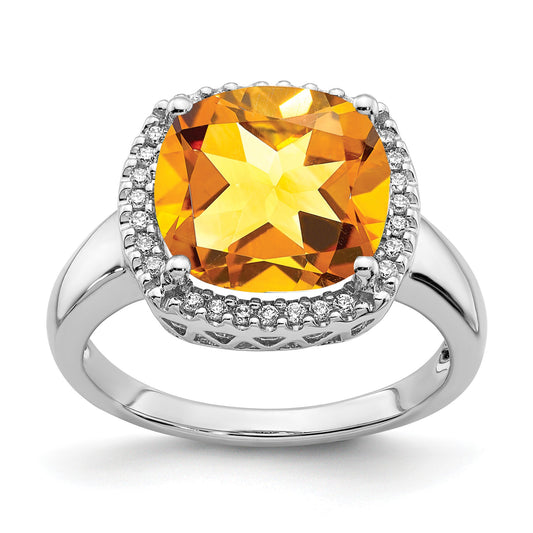 14k White Gold 11mm Citrine and 1/8 carat Diamond Ring