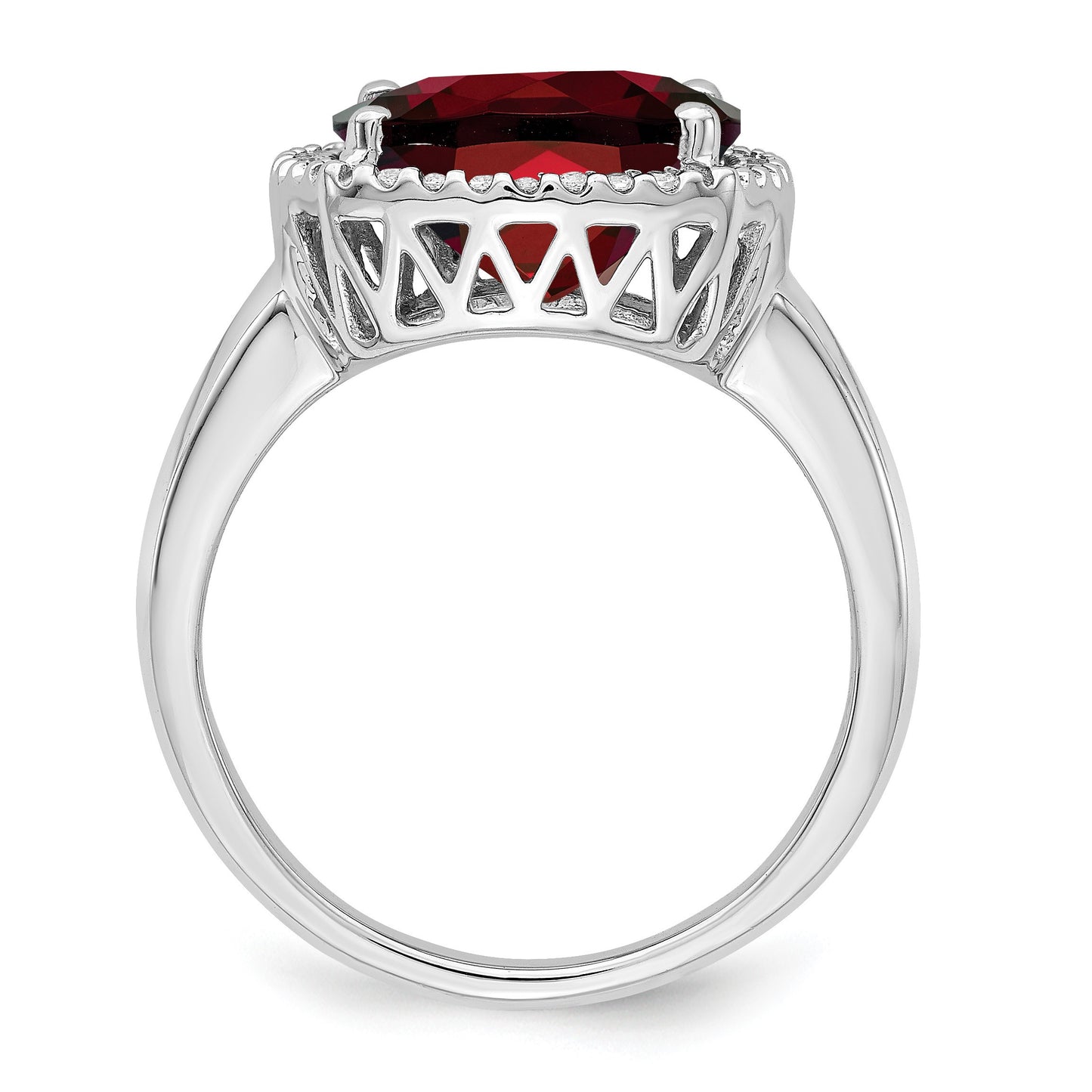 14k White Gold 11mm Garnet and 1/8 carat Diamond Ring