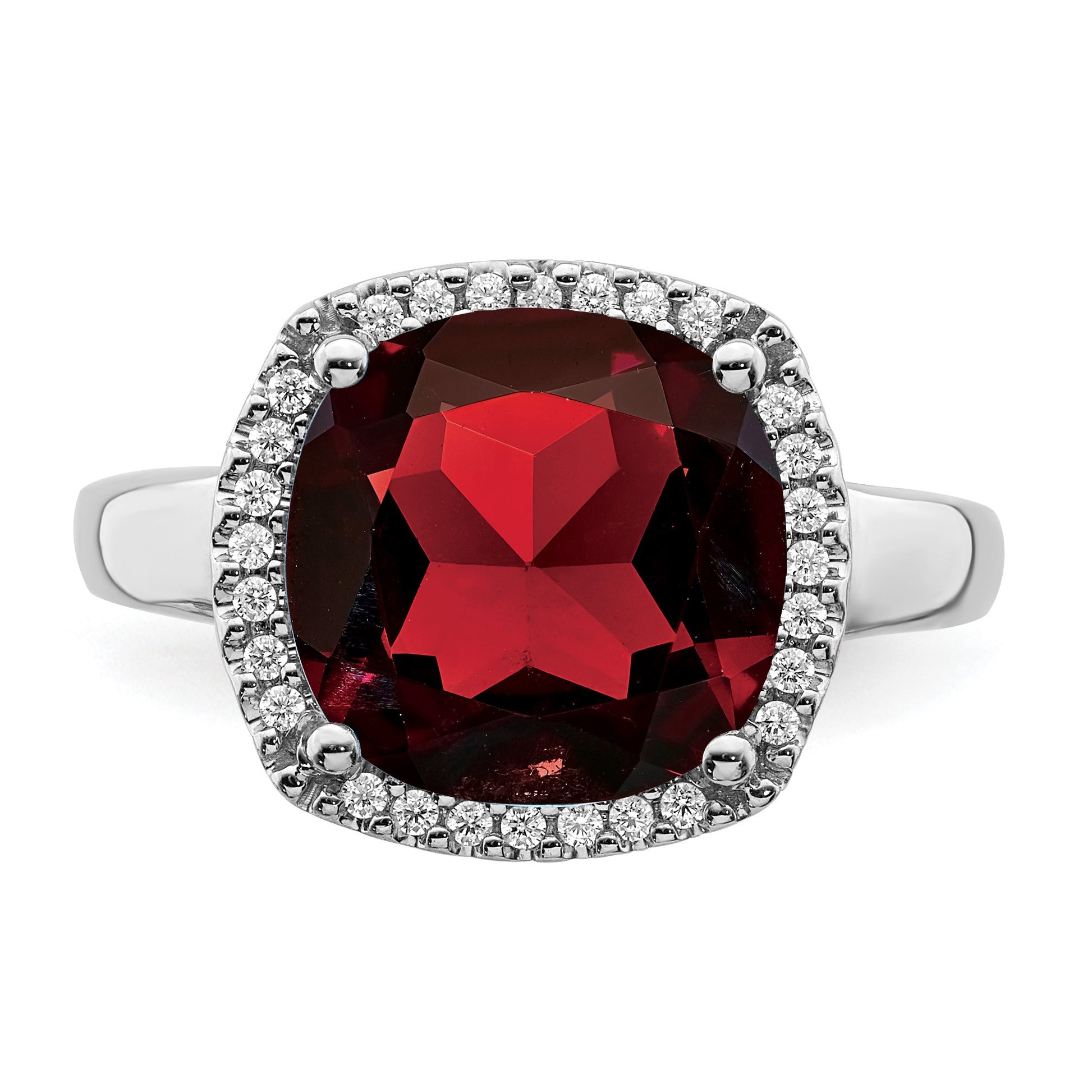 14k White Gold 11mm Garnet and 1/8 carat Diamond Ring