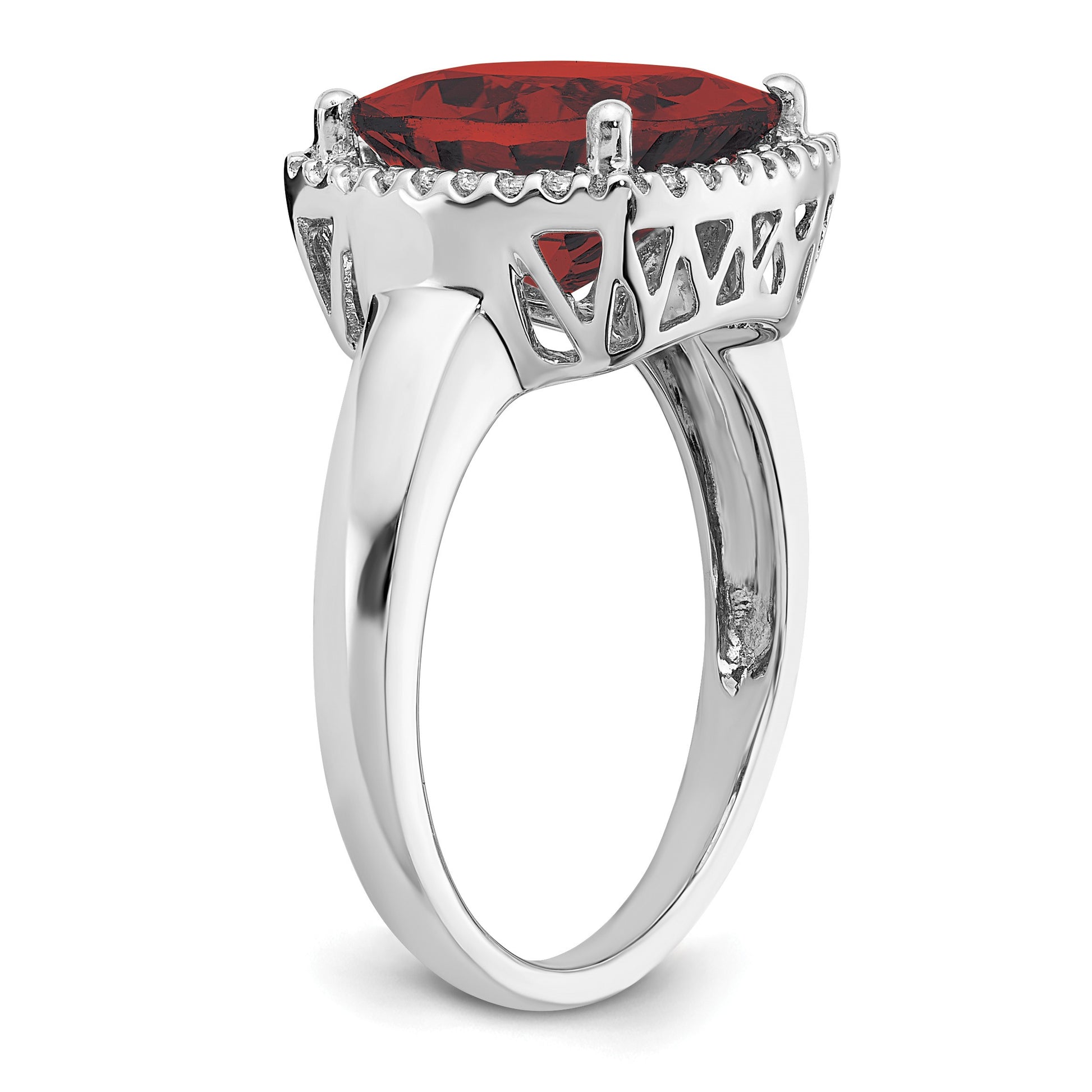 14k White Gold 11mm Garnet and 1/8 carat Diamond Ring