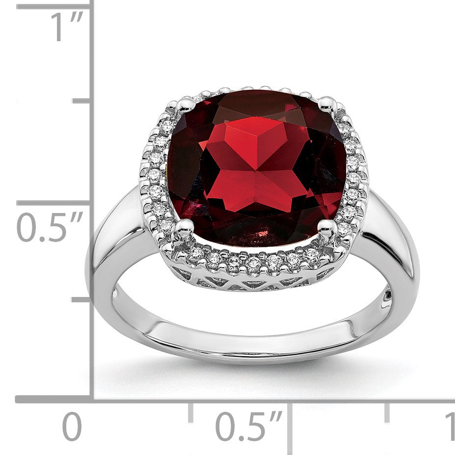 14k White Gold 11mm Garnet and 1/8 carat Diamond Ring