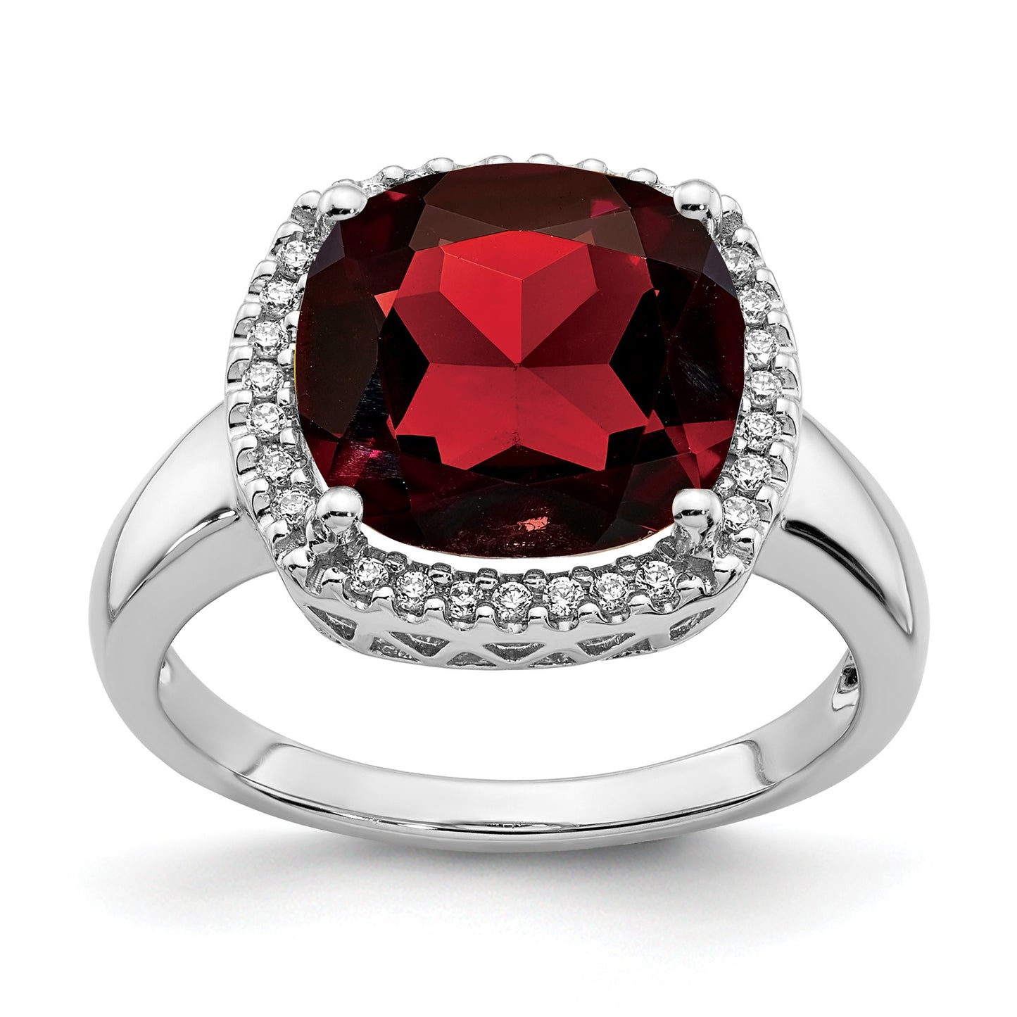 14k White Gold 11mm Garnet and 1/8 carat Diamond Ring