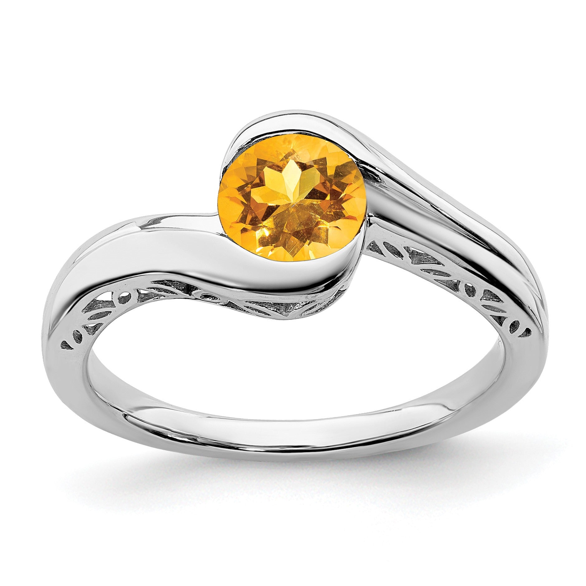 14k White Gold 6mm Round Citrine Bypass Ring