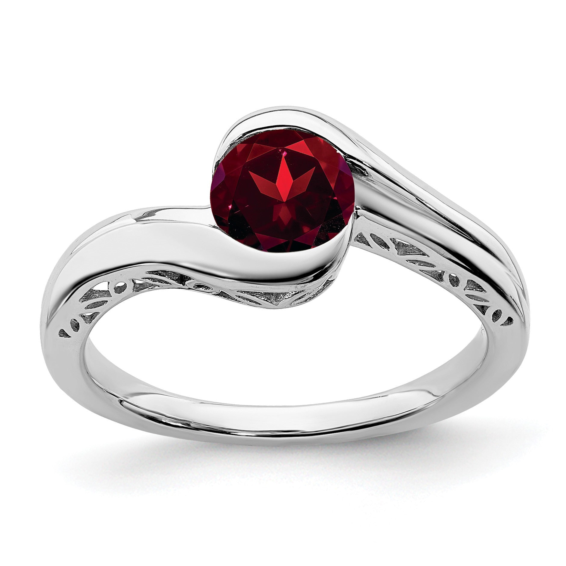 14k White Gold 6mm Round Garnet Bypass Ring