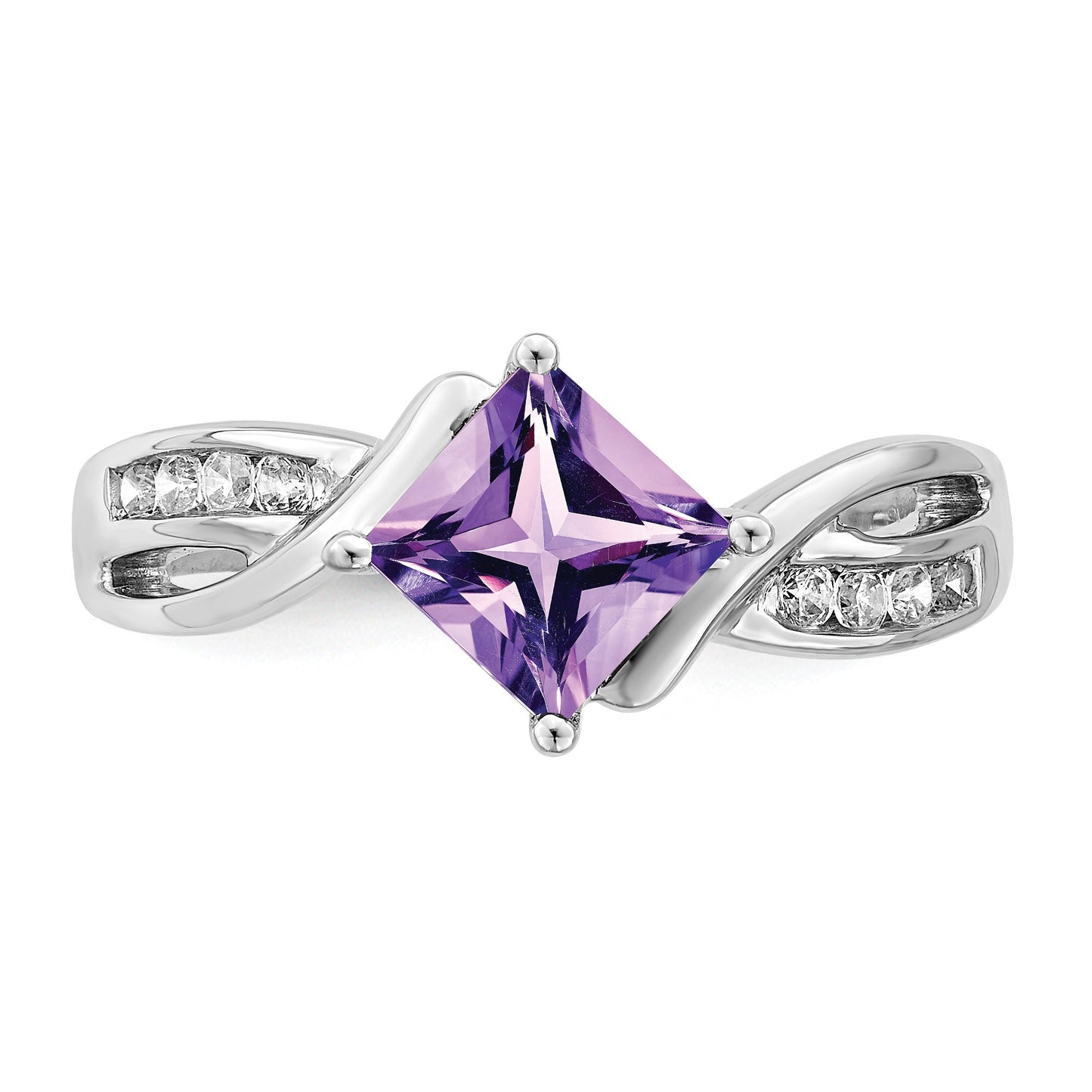 14k White Gold 6mm Square Amethyst and 1/8 carat Diamond Ring