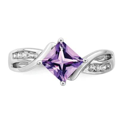 14k White Gold 6mm Square Amethyst and 1/8 carat Diamond Ring