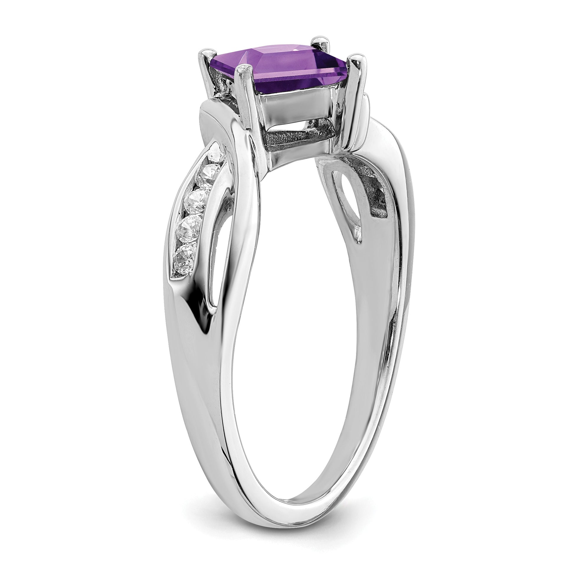 14k White Gold 6mm Square Amethyst and 1/8 carat Diamond Ring
