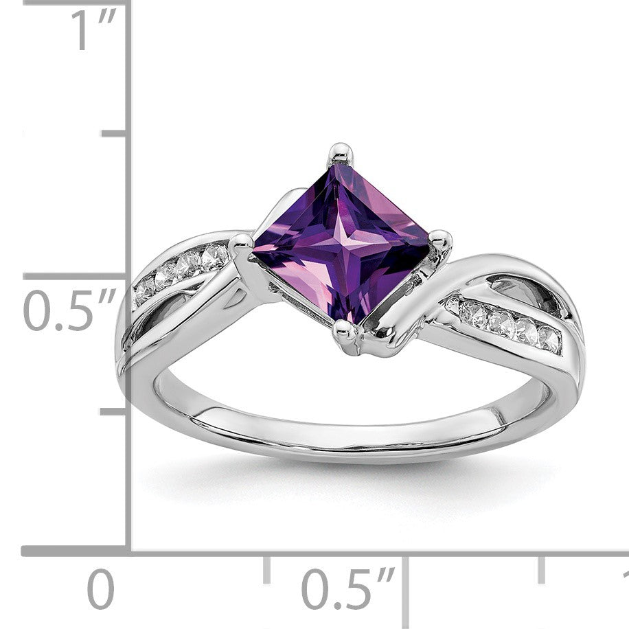 14k White Gold 6mm Square Amethyst and 1/8 carat Diamond Ring